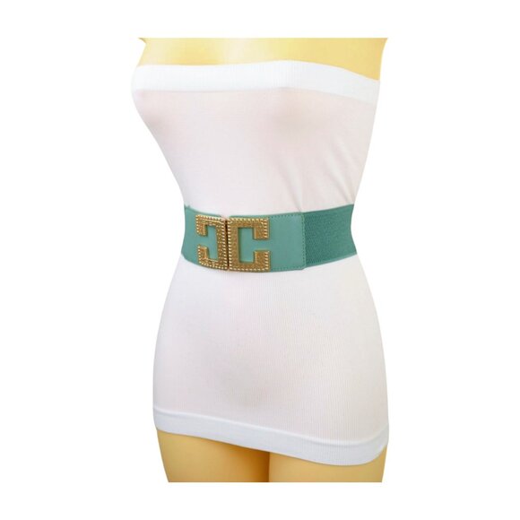 Women Mint Blue Green Color Elastic Fashion Belt Gold Metal C Buckle Fit S M - Picture 16 of 17